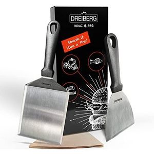 DREIBERG® XXL grillspatel set incl. 20 stuks burgerpapier - grill spatel voor Smash Burger. Ideaal als smashed burgerpers. Voor plancha, teppanyaki en vuurplaat