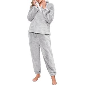 DLLDLGG Dames Pyjama Set, Warme Fleece Pyjama Set, Pluizige Pyjama Sets, Teddy Jurk, Warme Sherpa Pullover Broek met Zakken(Gray,M)