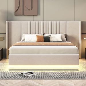 Idemon Gestoffeerd bed 140 x 200 cm, met verlengd hoofdeinde en rugleuning, met lamp met verlichting, hydraulische ondersteuning, huidvriendelijke veloursstof, (beige)