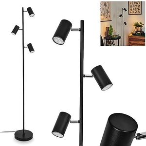 Vloerlamp Javel, 3-lamps vloerlamp van metaal in zwart/chroomkleur met verstelbare kappen, 3 x GU10, met voetschakelaar op snoer, zonder gloeilampen