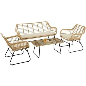 Tuinmeubelen Ipanema - tweezitsbank, 2 fauteuils, bijzettafel, zwart/bruin, polyrotan. Comfortabel zitkussen, transparant tafelblad