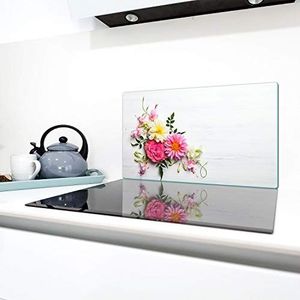 QTA | Keramische afdekplaat 1 stuk 90 x 52 cm fornuis afdekplaten van glas elektrisch fornuis inductie fornuis bescherming spatbescherming glasplaat snijplank bloemen