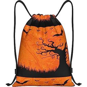 Oranje Halloween Partij Gedrukte Drawstring Rugzak Bag Waterbestendig Lichtgewicht Gym Sackpack voor Wandelen, Zwart, Small