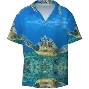OdDdot Zeeschildpadden print herenoverhemden atletisch slim fit korte mouw casual zakelijk overhemd met knopen, Zwart, M