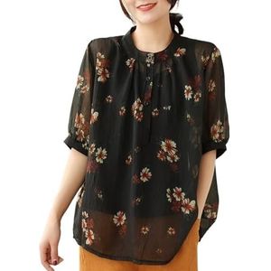 Dames Casual Bloemenprint Chiffon Tops Retro Etnische Stijl Chinese Shirts Zomer Koel Comfort Losse Flowy Blouse(Color:Black,Size:L)