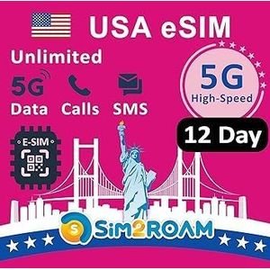 SIM2ROAM USA Prepaid eSIM-kaart|Onbeperkt 5G/4G internetgegevens in de VS (inclusief haawaii Low-Speed Data in Canada en Mexico|Onbeperkt bellen en sms'en onder de VS, CA en MX|Hervulbaar (12dagen)
