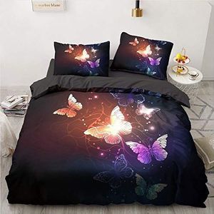Luowei Kleurrijke vlinder-beddengoed, 200 x 200 cm, zwart, dekbedovertrekset, vlinderpatroon, microvezel, omkeerbaar beddengoed met ritssluiting en 2 kussenslopen 80 x 80 cm