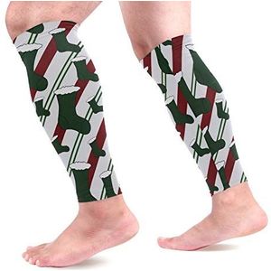 EZIOLY Groene kerstkous sport kalf compressie mouwen been compressie sokken kuitbeschermer voor hardlopen, fietsen, moederschap, reizen, verpleegkundigen