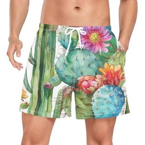 Wzzzsun Green Desert Succulent Plants Zwembroek voor heren, boardshorts, sneldrogende kofferbak met zakken, Leuke mode, M