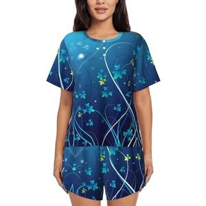 RIVETECH Blauwe mini-pyjamaset met bloemenprint en korte mouwen voor dames - comfortabele korte sets, nachtkleding met zakken, Zwart, M
