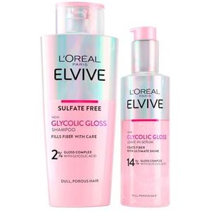 L'Oréal Paris Elvive Glycolic Gloss Illuminating Shampoo met Glycolzuur 200ml + Leave-In Serum Voor Poreus en Dof Haar Intense en Langdurige Glans 150ml - 2 Flessen