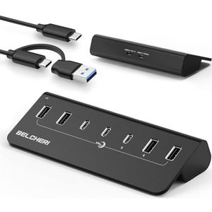 BELCHERI 7-poorts USB C-hub met voeding, USB 3.2 Gen 2, 10 Gbit/s snelle data-hub, volledig aluminium verlengsplitter met 5 V 3 A voeding, 3 USB-C-poorten en 4 USB-A-poorten, ondersteunt BC1.2-opladen