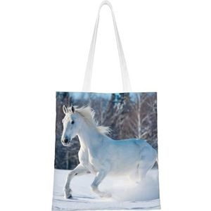 Wykjtwo Wit Paard In De Winter,Tote Bag Canvas Tas Winkelen Handtas Boodschappentassen, Multifunctionele Canvas Schoudertassen, zoals afgebeeld, Eén maat