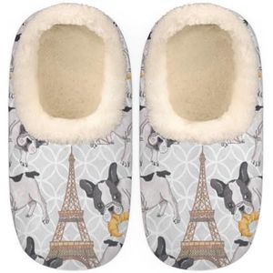 GeMeFv Franse Bulldog Eiffeltoren huispantoffels voor dames en heren, antislip huispantoffels, pluche gevoerde pantoffels schoenen voor jongens meisjes tieners binnen slaapkamer (schattig dier),