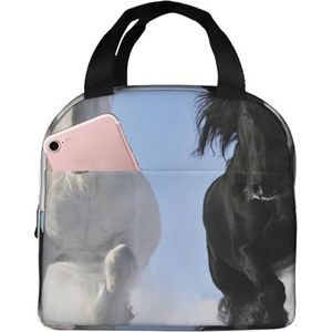 JYQCNSMJYB2 Zwart-witte paarden Running Print Licht Duurzame Tote Bag voor Kantoor Werk School Geïsoleerde Lunchbox voor Vrouwen en Mannen