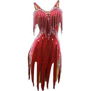 FZHQNZJF Professioneel Latijns Concurrentie Rok Kwast Salsa Balzaal Dans Jurk Verfijnd Steentjes Tango Cha Cha Kleren Hoogwaardig Prestatie Outfit voor Rumba,Rood,L