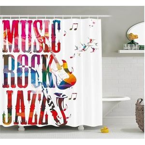 Douchegordijn muzikaal douchegordijn muziek rock jazz belettering met basgitaar saxofoon noten harmonie illustratie badkamer gordijnen (kleur: 1, maat: 240 x 180 cm (l x b x h)