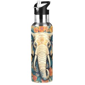Cartoon patroon Indiase olifant sport waterfles geïsoleerde roestvrij staal grote vacuüm fles lekvrije thermoskan met rietje voor reizen (600 ml/1000 ml)