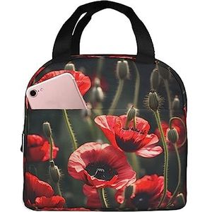 SUHNGE Mooie rode klaproos bloemenprint kantoorwerk licht geïsoleerde lunchbox voor dames en heren duurzame draagtas