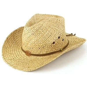 Stro cowboy hoed met leren band detail en drie paarden badge. Naturel, Beige, one size