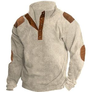 HERTL Heren corduroy overhemd reverskraag knop up pullover mock hals lange mouwen truien polo sweatshirts met elleboog patches, E-kaki, M