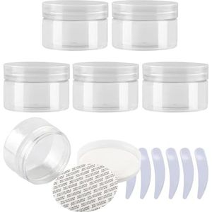 Cosmetische potten, Set van 6, 100 ml blauwe plastic zalfpotjes, cosmetische potten met doorzichtige deksels, containers for toiletartikelen(Transparent,100ml)