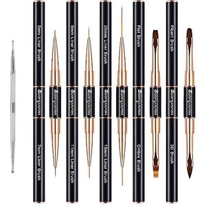 Nail Art Bushes Set, Professionele 5 stuks dubbelzijdige nagelborstelset voor details, lange lijnen, ombre en 3D-ontwerp - Perfect voor doe-het-zelf manicures en salons (zwart)