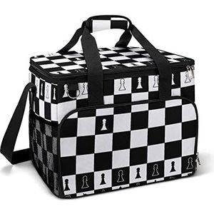 Zwart-wit lay-out van een schaakbord grappige koeltas opvouwbare draagbare geïsoleerde zakken lunch draagtas met meerdere zakken voor strand, picknick, camping, werk
