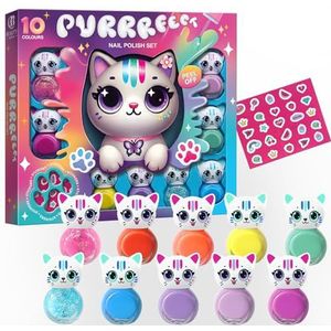 Kattenvormige Nagellakset op Waterbasis – Beauty4Britain, 14 Kleuren, Sneldrogend, Afpelbaar, Inclusief Katten-Nagelstickers, Geschenkdoos met Display