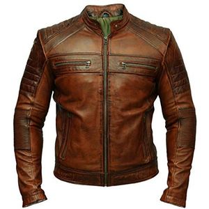 Heren Biker Cafe Racer Retro Vintage Motorfiets Gewaxt Bruin Verontruste Lederen Jas, Bruin, L