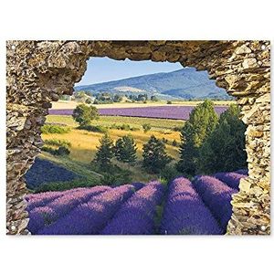 tuinposter - 90x65 cm - doorkijk - gat in rots - lavendel veld
