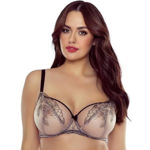 VIVISENCE Zachte beha voor dames, elegant, met stevige tule-cups, borduurwerk en sierband in decolleté, verticale zijstaafjes, vormende beugel, verstelbare bandjes, metalen haken, beige-zwart, 80C