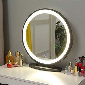 XUANYU Grote ronde make-upspiegel met verlichting met metalen frame, beweegbare tafelspiegel, staande spiegel, een groot aantal specificaties (zwart, 3 dimbare lampen, 50 cm draaibaar)