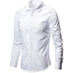 Xnihocha Overhemd voor heren, omgeslagen kraag, shirt met lange mouwen, voor business, kantoor, bruiloft, feest, casual, Wit, 3XL