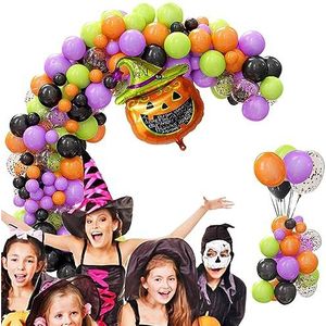 Halloween ballonnenboog - 124 stuks latex pompoenballonnen - latex pompoenballon, griezelige ballonnen in zwart, oranje, paars, groen, achtergronddecoraties Voihamy