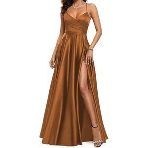 YIANN Satijnen baljurk voor dames, met split en spaghettibandjes, V-hals, formele avondjurk, baljurk, Verbrand Oranje, 32