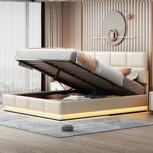 Crlnaup Gestoffeerd bed, 180 x 200 cm, met ledverlichting en hydraulisch verhoogde bedopbergruimte, bedlade en lattenbodem, overtrek van kunstleer, tweepersoonsbed, volwassenen, jeugdbed, beige