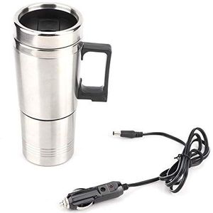 KIMISS 12 V zilveren autowaterkoker, elektrische waterkoker, roestvrij staal, 12 V, autowaterketel met sigarettenaansteker, verwarmingsbeker, 350 ml + 150 ml