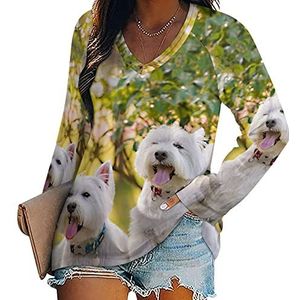 Westie Floral nieuwigheid damesblouse tops V-hals tuniek t-shirt voor legging lange mouwen casual pullover