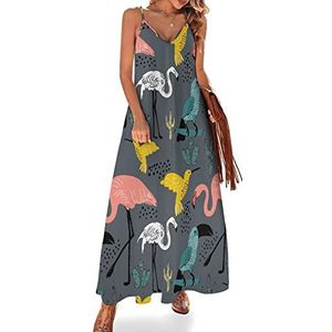 Bird Flamingo Cactus Zomerjurk voor dames, maxi-jurk, V-hals, mouwloos, spaghettibandjes, lange jurk