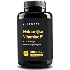 Natuurlijke Vitamine E - 400 IE, (D-Alfa-Tocoferol), 200 Softgel | met Extra Vergine Olijfolie | Antioxidant en Anti-Veroudering | Zenement