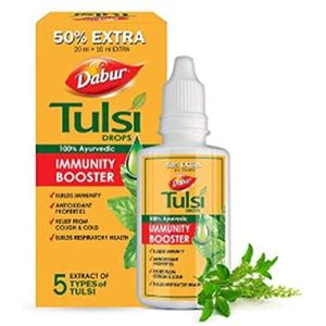 DABUR Tulsi Drops- 50% Extra: Geconcentreerd Extract van 5 Zeldzame Tulsi voor Natuurlijke Immuniteitsverhoging & Hoest en Koude Verlichting: (20ml +10ml Gratis)
