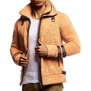 Leif Nelson LN20125 Sweatjack voor heren, teddy, fleece, bikerjack, zwart, overgangsjas, opstaande kraag, camel, L