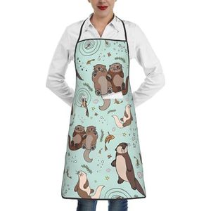 ZhaoYuGoods Witte bomen camouflage-schorten met zakken voor vrouwen, stijlvolle kookschorten voor keuken, tuinieren, salon, ideale print schort, Cartoon Leuke Otter, Eén maat