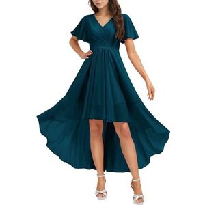 HPPEE Chiffon bruidsmeisjesjurk voor dames, met mouwen, geplooid, hoge lage V-hals, formele avondfeestjurk, Turkoois, 32