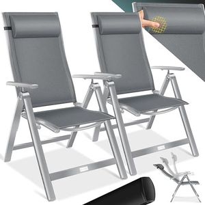 KESSER® Tuinstoel met Armleuningen set van 2 Opklapbare Aluminium Ligstoel incl. Hoofdkussen | Campingstoel 7-voudig Verstelbare Rugleuning | Ademend & Weerbestendig | Opvouwbaar & Antislip Lichtgrijs