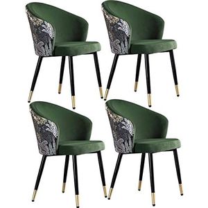 FZDZ Moderne keuken fluwelen eetkamerstoelen set van 4 woonkamer fauteuils met zwarte stalen poten fluwelen zitting en borduurwerk rugleuningen make-up stoel eetkamerstoelen (kleur: legergroen)