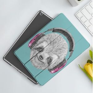CONERY Hoesje compatibel met iPad 10,2 inch (9e/8e/7e generatie) luiaard, DJ luiaard portret met hoofdtelefoon grappig modern karakter cool schattig glimlachen, groenblauw grijs fuchs, slanke slimme