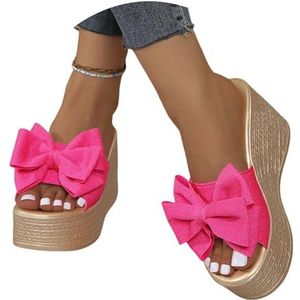 Dames Wedge Sandalen Elegante Zomer Pantoffels Met Strik Rubberen Platform Pantoffels Vrijetijds Strand Schoenen Peep Toe Pantoffels Bruids Pantoffels 2025 Nieuwe Hoge Hakken(Pink,43 EU)