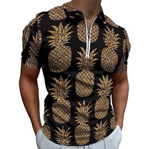 Goud Glitter Ananas Polo Shirt voor Mannen Casual Rits Kraag T-shirts Golf Tops Slim Fit